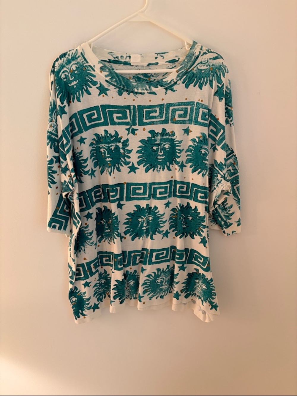 Women’s Cream Tunic Top with Teal Sun Motif